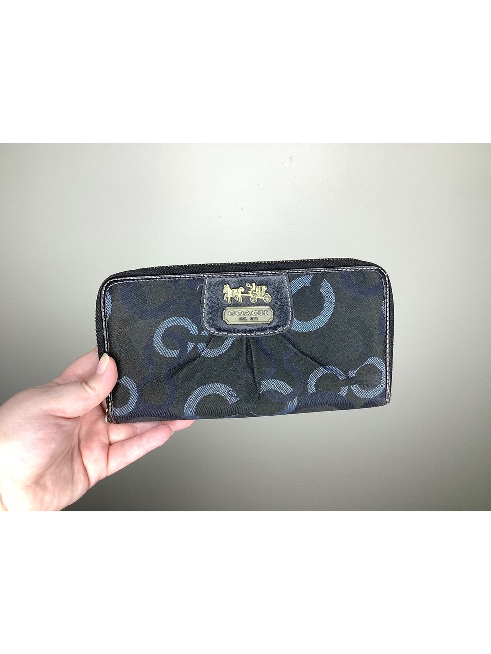 Y2K Coach Black Fabric Wallet With Blue “C” Monogram Pattern